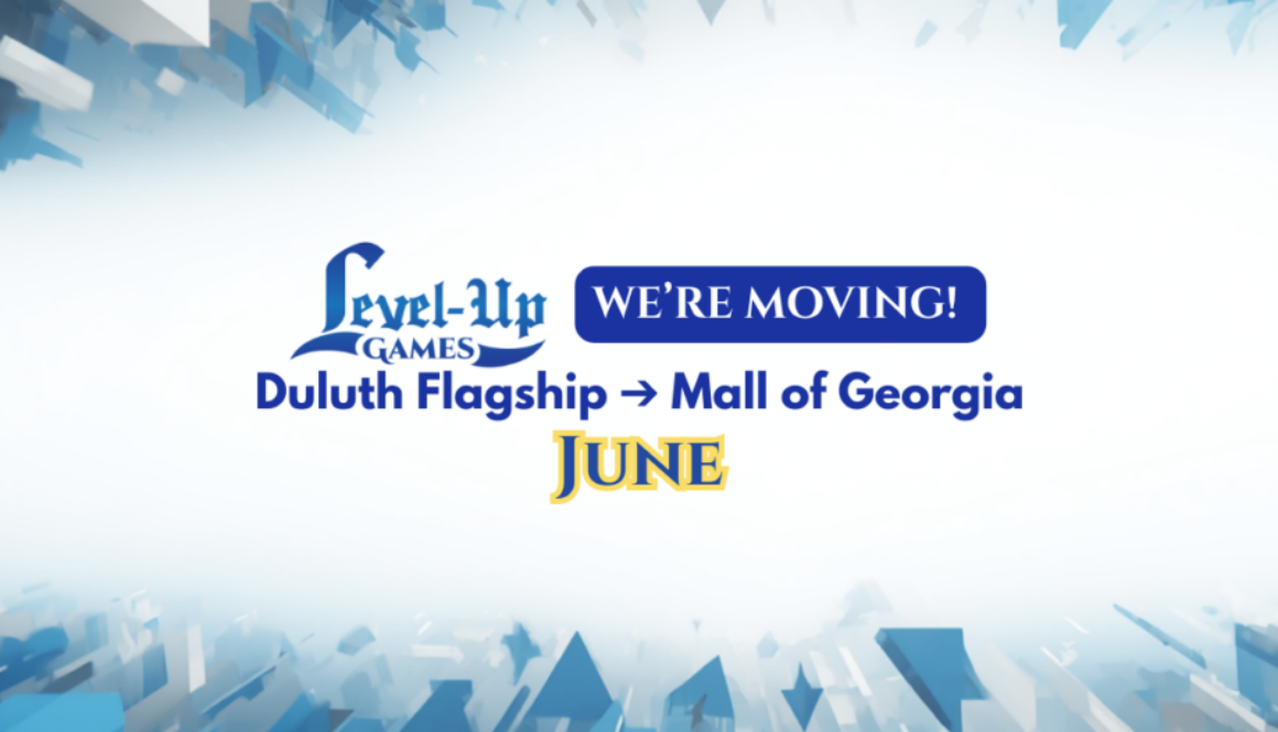 A promotional graphic with a white and light blue abstract geometric background. In the center, the Level Up Games logo appears next to a blue rounded button containing the text "WE’RE MOVING!" Below this, bold blue text reads "Duluth Flagship → Mall of Georgia." At the bottom, the word "JUNE" is written in a stylized yellow font with a blue outline, indicating the move date.