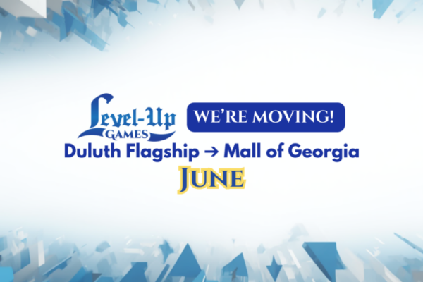 A promotional graphic with a white and light blue abstract geometric background. In the center, the Level Up Games logo appears next to a blue rounded button containing the text "WE’RE MOVING!" Below this, bold blue text reads "Duluth Flagship → Mall of Georgia." At the bottom, the word "JUNE" is written in a stylized yellow font with a blue outline, indicating the move date.