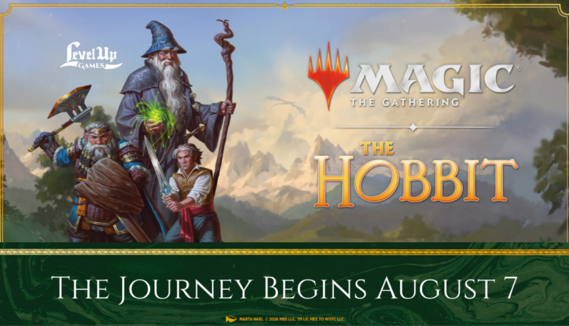 Official promotional key art for Magic: The Gathering’s The Hobbit set, featuring Bilbo Baggins holding a glowing sword alongside Gandalf the Grey with a sprawling Middle-earth landscape in the background.