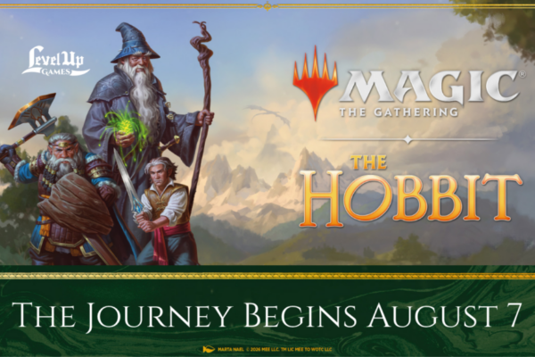 Official promotional key art for Magic: The Gathering’s The Hobbit set, featuring Bilbo Baggins holding a glowing sword alongside Gandalf the Grey with a sprawling Middle-earth landscape in the background.