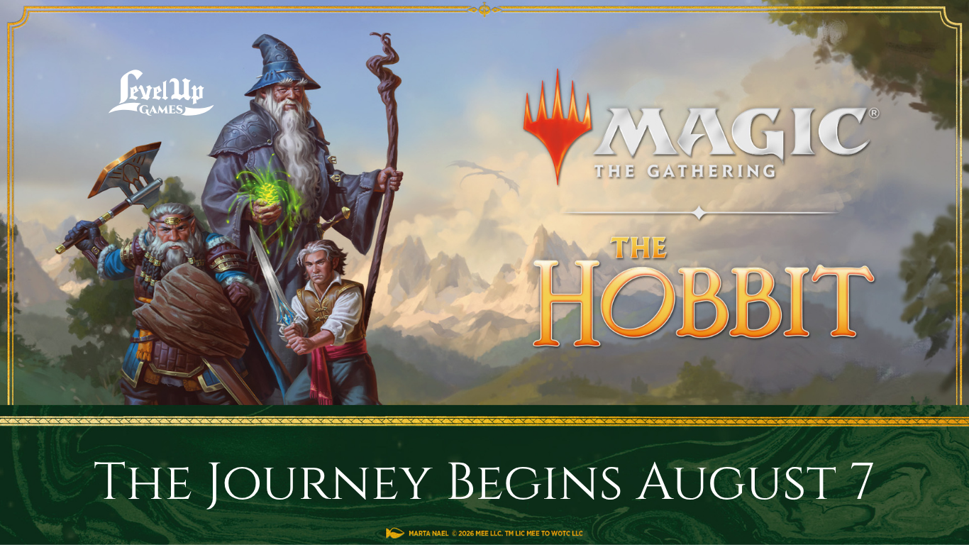 Official promotional key art for Magic: The Gathering’s The Hobbit set, featuring Bilbo Baggins holding a glowing sword alongside Gandalf the Grey with a sprawling Middle-earth landscape in the background.