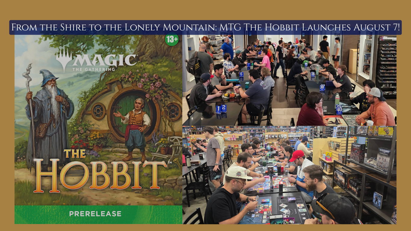 A diverse group of friends smiling and laughing around a table at Level Up Games, playing a casual multiplayer match of Magic: The Gathering with colorful playmats, cards, and dice.